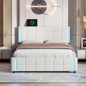 English Elm Queen Size Upholstered Platform Bed With Led Lights and Usb Charging, Storage Bed With 4 Drawers, White