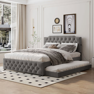 English Elm Queen Upholstered Platform Bed with Button-Tufted Headboard, Twin Trundle & Dual USB Ports, Linen Gray SF000042AAE