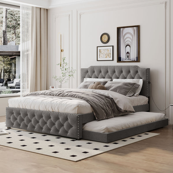 English Elm Queen Upholstered Platform Bed with Button-Tufted Headboard, Twin Trundle & Dual USB Ports, Linen Gray SF000042AAE