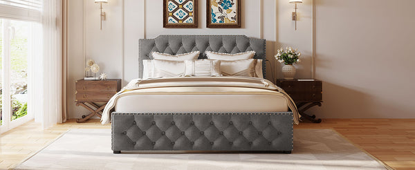English Elm Queen Upholstered Platform Bed with Button-Tufted Headboard, 2 Storage Drawers & Dual USB Ports Gray SF000041AAE