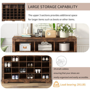English Elm On-trend Rustic Brown Shoe Cubby Console Holds 24 Pairs with Curved Base Sideboard WF309308AAP