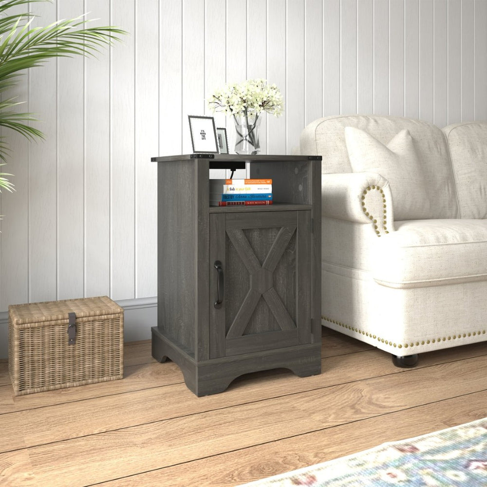 English Elm Farmhouse Rustic Nightstand Set of 2 with Built-in Charging Station and Open Display Shelf Dark Grey B082134936