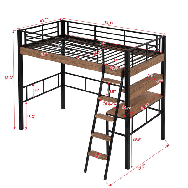 English Elm Metal Twin Loft Bed with Built-In Desk, Storage Shelf & Ladder — Industrial Space-Saving Design, Sturdy GX001119AAB