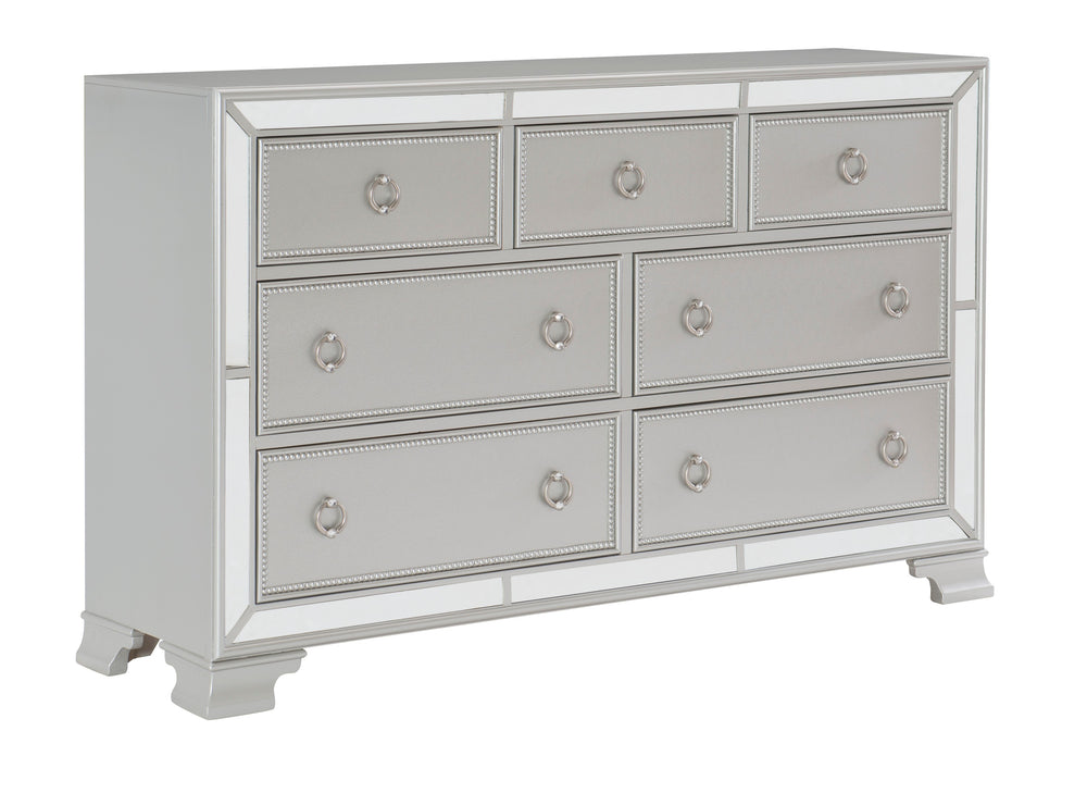 English Elm Glamorous Avondale Silver 7-Drawer Dresser with Beveled Mirrored Trim and Drop Pulls — Modern Luxe Bedroom Furniture B011134404