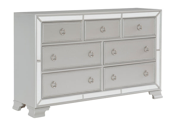 English Elm Glamorous Avondale Silver 7-Drawer Dresser with Beveled Mirrored Trim and Drop Pulls — Modern Luxe Bedroom Furniture B011134404