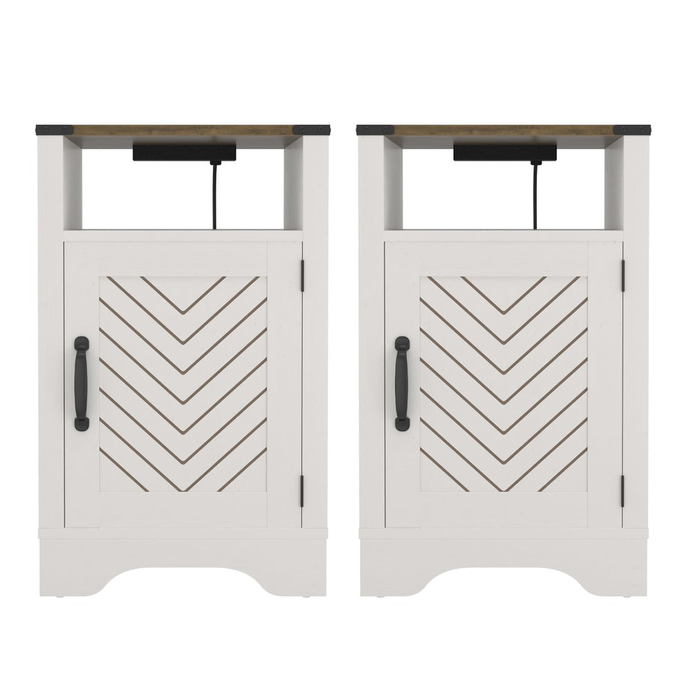 English Elm Farmhouse Rustic Nightstand Set of 2 with Built-in Charging Station and Open Display Shelf B082134943