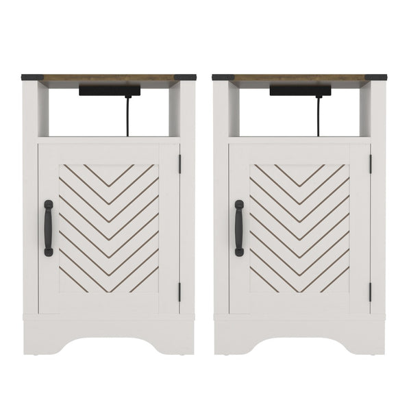 English Elm Farmhouse Rustic Nightstand Set of 2 with Built-in Charging Station and Open Display Shelf B082134943
