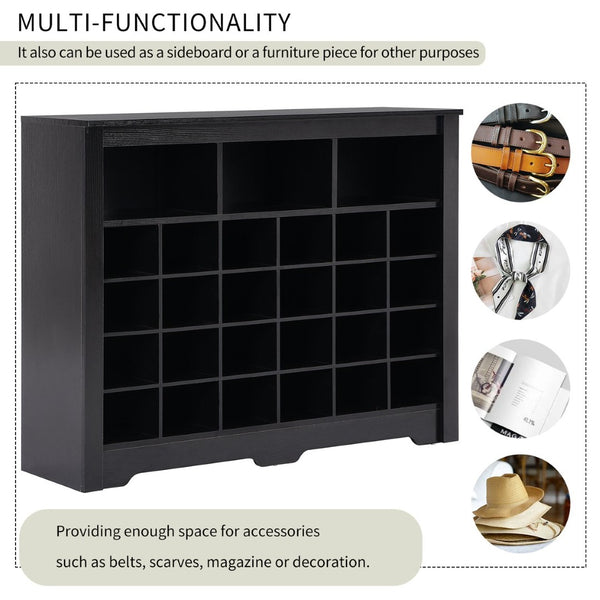 English Elm On-trend Rustic Brown Shoe Cubby Console Holds 24 Pairs with Curved Base Sideboard Black WF309308AAB