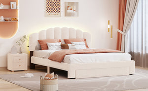 English Elm Teddy Plush Upholstered Queen Platform Bed with LED Remote & USB Ports, Durable Teddy Fleece Design Beige SF000047AAA