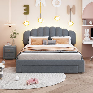 English Elm Teddy Plush Upholstered Queen Platform Bed with LED Remote & USB Ports, Durable Teddy Fleece Design Gray SF000047AAE