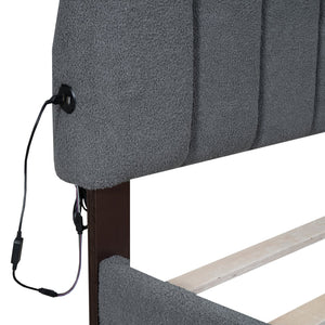 English Elm Teddy Plush Upholstered Queen Platform Bed with LED Remote & USB Ports, Durable Teddy Fleece Design Gray SF000047AAE