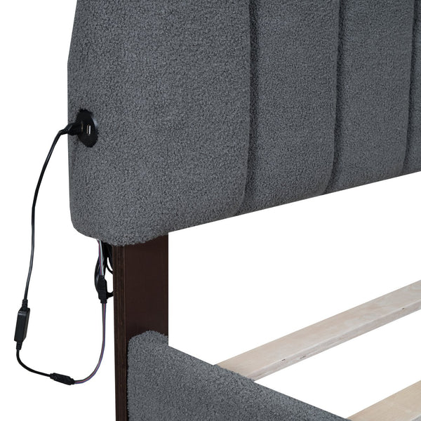 English Elm Teddy Plush Upholstered Queen Platform Bed with LED Remote & USB Ports, Durable Teddy Fleece Design Gray SF000047AAE