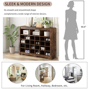 English Elm On-trend Rustic Brown Shoe Cubby Console Holds 24 Pairs with Curved Base Sideboard WF309308AAP
