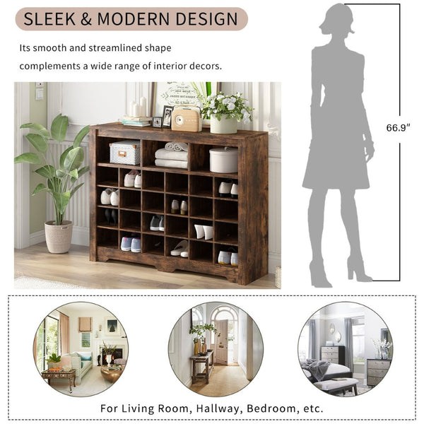 English Elm On-trend Rustic Brown Shoe Cubby Console Holds 24 Pairs with Curved Base Sideboard WF309308AAP