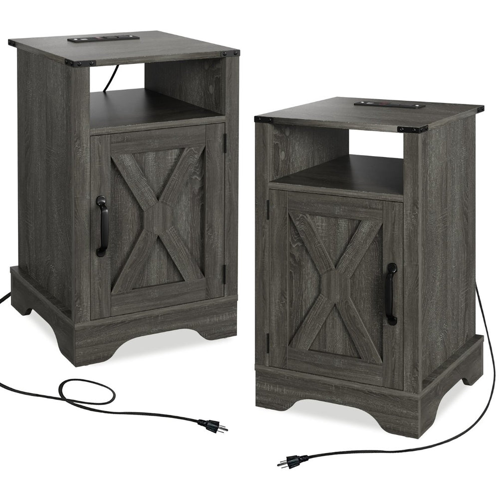 English Elm Farmhouse Rustic Nightstand Set of 2 with Built-in Charging Station and Open Display Shelf Dark Grey B082134937