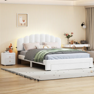English Elm Teddy Plush Upholstered Queen Platform Bed with LED Remote & USB Ports, Durable Teddy Fleece Design White SF000047AAK