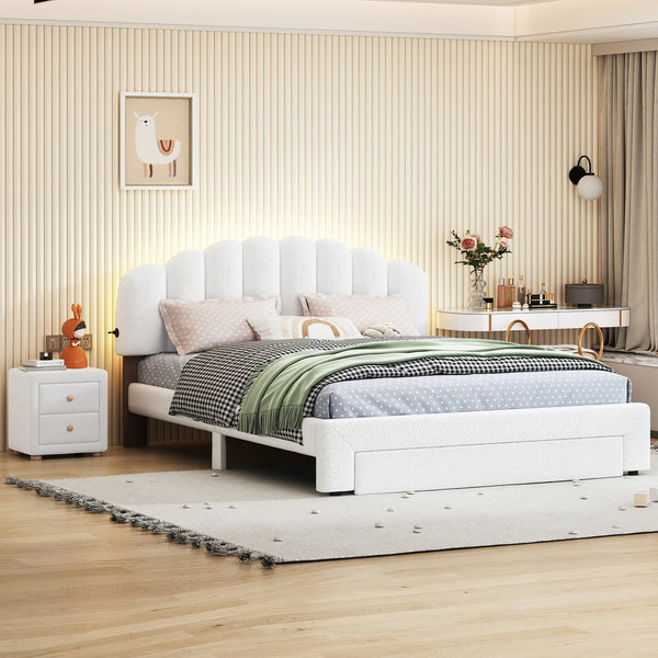 English Elm Teddy Plush Upholstered Queen Platform Bed with LED Remote & USB Ports, Durable Teddy Fleece Design White SF000047AAK