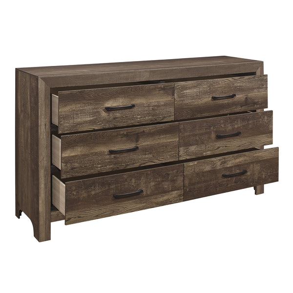 English Elm Rustic Corbin 6-Drawer Dresser 58.5" Rustic Brown Faux-Wood Veneer with Black Metal Handles, Textured B011134415