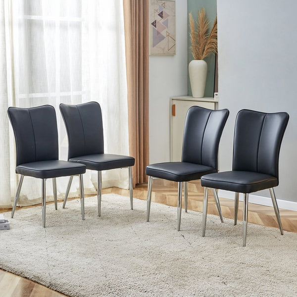 English Elm Modern Minimalist Dining Chairs Set Of 4 - Black Pu Leather, Curved Backrest, Electroplated Metal Legs W1151116742