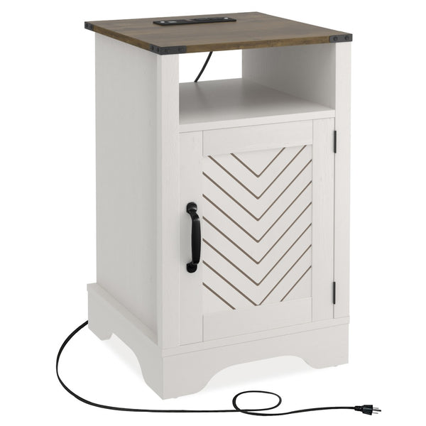 English Elm Farmhouse Rustic Nightstand Set of 2 with Built-in Charging Station and Open Display Shelf White+Oak B082134942