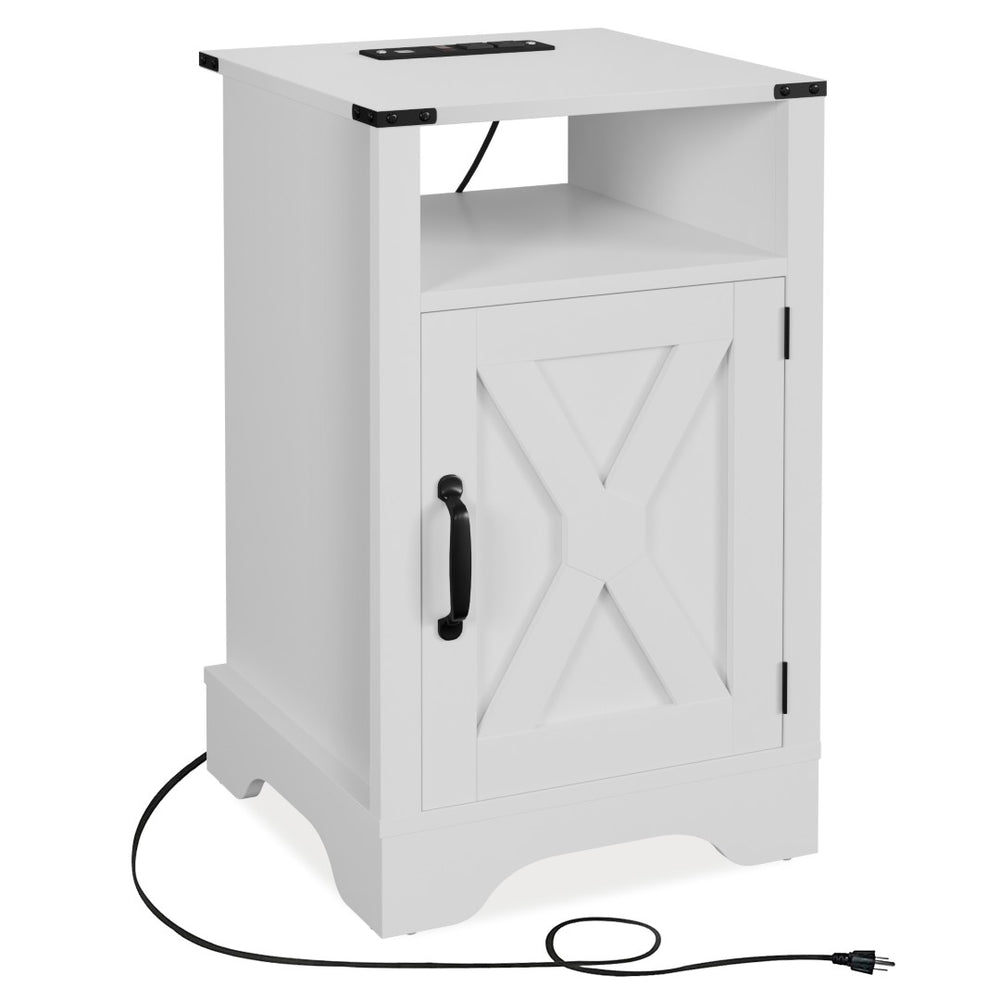 English Elm Farmhouse Rustic Nightstand Set of 2 with Built-in Charging Station and Open Display Shelf White B082134941