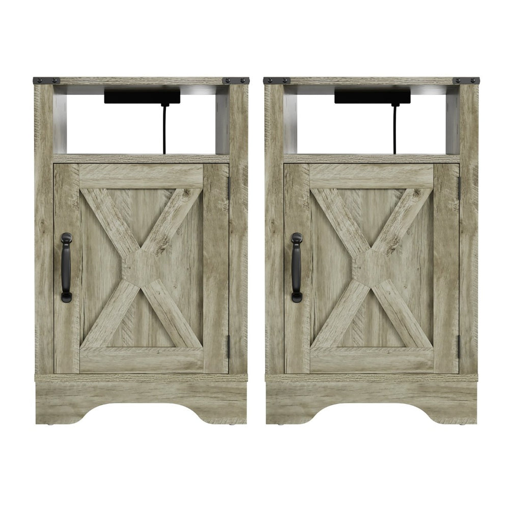 English Elm Farmhouse Rustic Nightstand Set of 2 with Built-in Charging Station and Open Display Shelf Light Grey B082134939