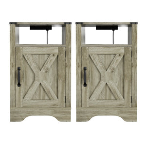English Elm Farmhouse Rustic Nightstand Set of 2 with Built-in Charging Station and Open Display Shelf Light Grey B082134939