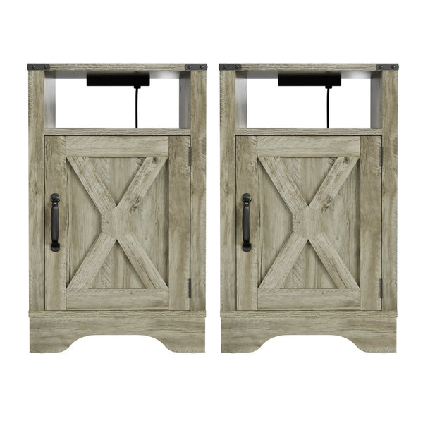 English Elm Farmhouse Rustic Nightstand Set of 2 with Built-in Charging Station and Open Display Shelf Light Grey B082134939
