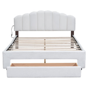 English Elm Teddy Plush Upholstered Queen Platform Bed with LED Remote & USB Ports, Durable Teddy Fleece Design White SF000047AAK