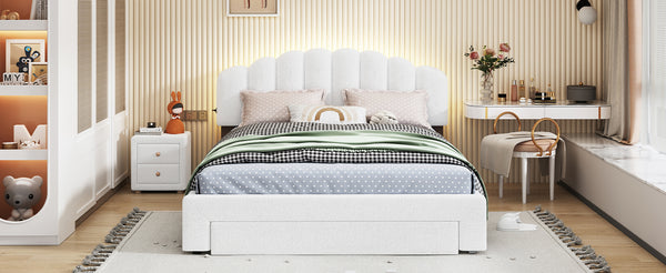 English Elm Teddy Plush Upholstered Queen Platform Bed with LED Remote & USB Ports, Durable Teddy Fleece Design White SF000047AAK