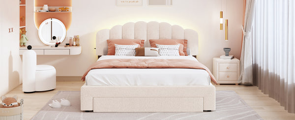 English Elm Teddy Plush Upholstered Queen Platform Bed with LED Remote & USB Ports, Durable Teddy Fleece Design Beige SF000047AAA