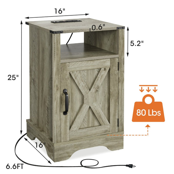 English Elm Farmhouse Rustic Nightstand Set of 2 with Built-in Charging Station and Open Display Shelf Light Grey B082134938