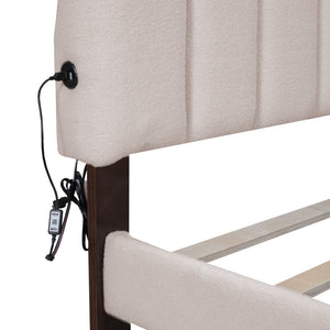 English Elm Teddy Plush Upholstered Queen Platform Bed with LED Remote & USB Ports, Durable Teddy Fleece Design Beige SF000047AAA