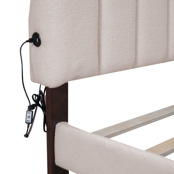 English Elm Teddy Plush Upholstered Queen Platform Bed with LED Remote & USB Ports, Durable Teddy Fleece Design Beige SF000047AAA