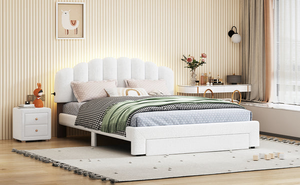 English Elm Teddy Plush Upholstered Queen Platform Bed with LED Remote & USB Ports, Durable Teddy Fleece Design White SF000047AAK