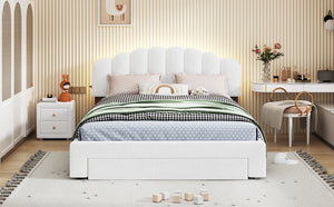 English Elm Teddy Plush Upholstered Queen Platform Bed with LED Remote & USB Ports, Durable Teddy Fleece Design White SF000047AAK