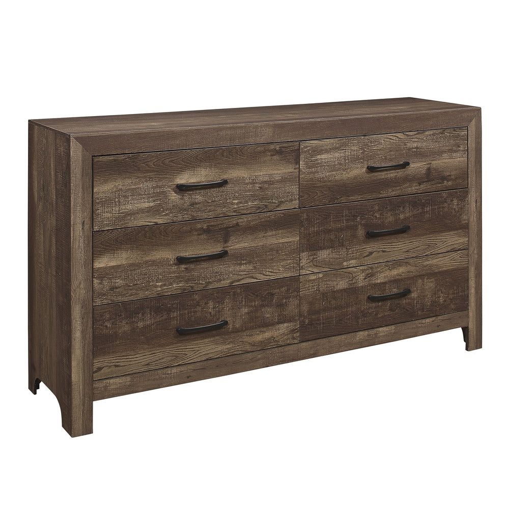 English Elm Rustic Corbin 6-Drawer Dresser 58.5" Rustic Brown Faux-Wood Veneer with Black Metal Handles, Textured B011134415