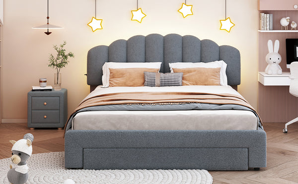 English Elm Teddy Plush Upholstered Queen Platform Bed with LED Remote & USB Ports, Durable Teddy Fleece Design Gray SF000047AAE