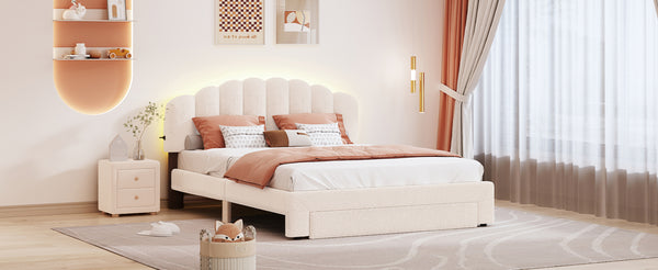 English Elm Teddy Plush Upholstered Queen Platform Bed with LED Remote & USB Ports, Durable Teddy Fleece Design Beige SF000047AAA