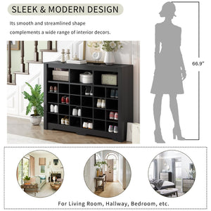 English Elm On-trend Rustic Brown Shoe Cubby Console Holds 24 Pairs with Curved Base Sideboard Black WF309308AAB