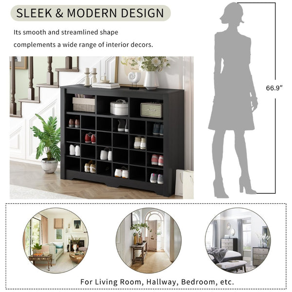 English Elm On-trend Rustic Brown Shoe Cubby Console Holds 24 Pairs with Curved Base Sideboard Black WF309308AAB