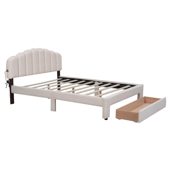 English Elm Teddy Fleece Queen Platform Bed with Led Lighting Usb Ports and Storage Drawer WF309187AAA