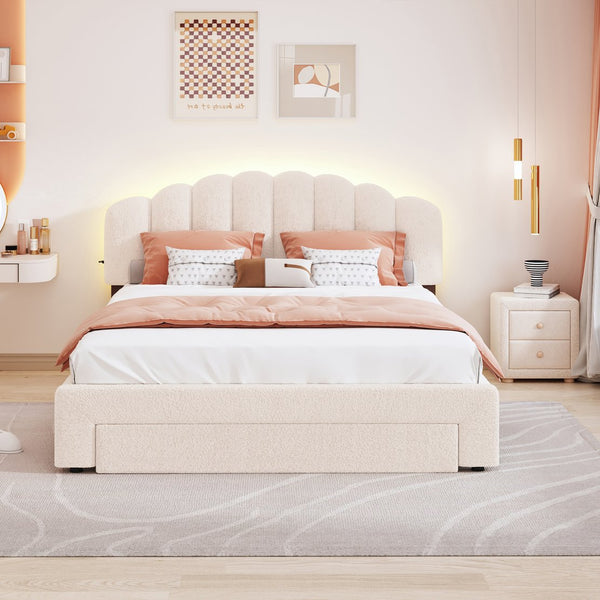 English Elm Teddy Plush Upholstered Queen Platform Bed with LED Remote & USB Ports, Durable Teddy Fleece Design Beige SF000047AAA