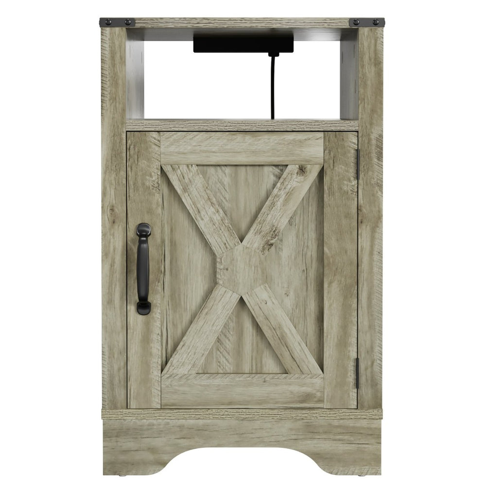 English Elm Farmhouse Rustic Nightstand Set of 2 with Built-in Charging Station and Open Display Shelf Light Grey B082134938