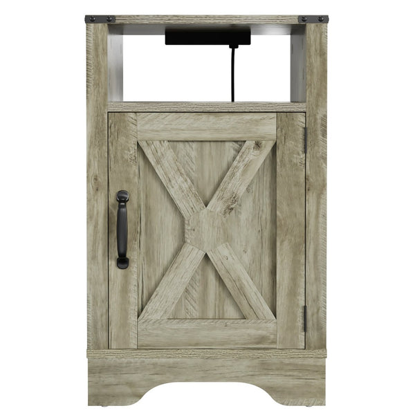 English Elm Farmhouse Rustic Nightstand Set of 2 with Built-in Charging Station and Open Display Shelf Light Grey B082134938