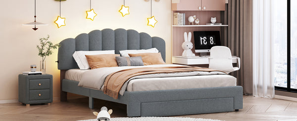 English Elm Teddy Plush Upholstered Queen Platform Bed with LED Remote & USB Ports, Durable Teddy Fleece Design Gray SF000047AAE