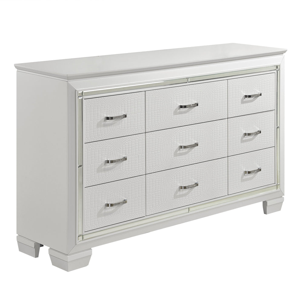 English Elm White Glam Allura Dresser 9-Drawer 64" Wide White Finish with Faux-Alligator Embossing & Crystal Hardware B011134416