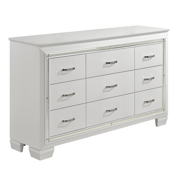 English Elm White Glam Allura Dresser 9-Drawer 64" Wide White Finish with Faux-Alligator Embossing & Crystal Hardware B011134416