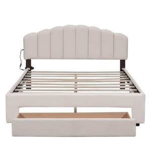 English Elm Teddy Fleece Queen Platform Bed with Led Lighting Usb Ports and Storage Drawer WF309187AAA