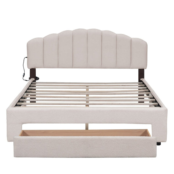 English Elm Teddy Fleece Queen Platform Bed with Led Lighting Usb Ports and Storage Drawer WF309187AAA